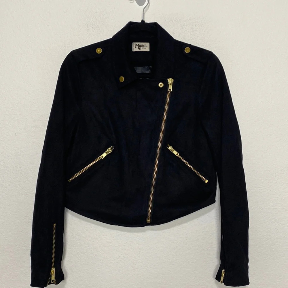 Show Me Your Mumu Black Faux Suede Cropped Moto Jacket Size S